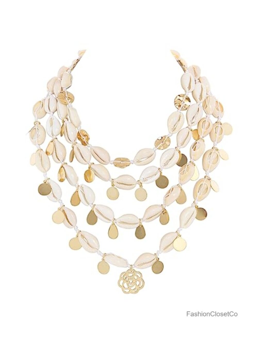 Handmade Cowrie Shell Choker Necklace with Gold Plated Coin Pendant Layered